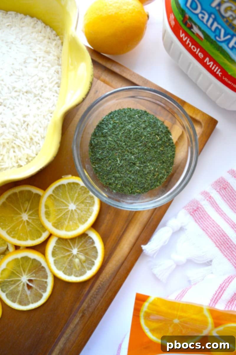 Ingredients for Red Pepper & Lemon Rice laid out on a kitchen counter.