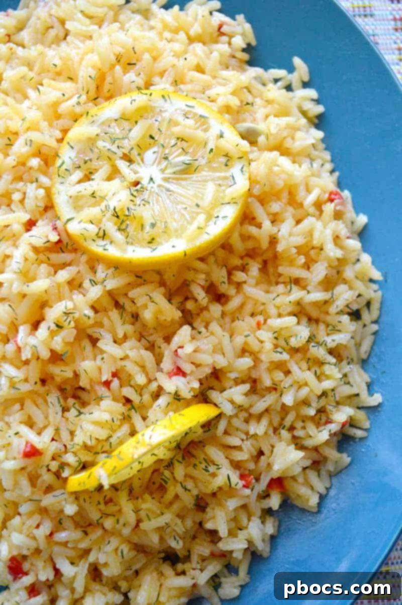 Red Pepper & Lemon Rice topped with fresh lemon slices and dill.