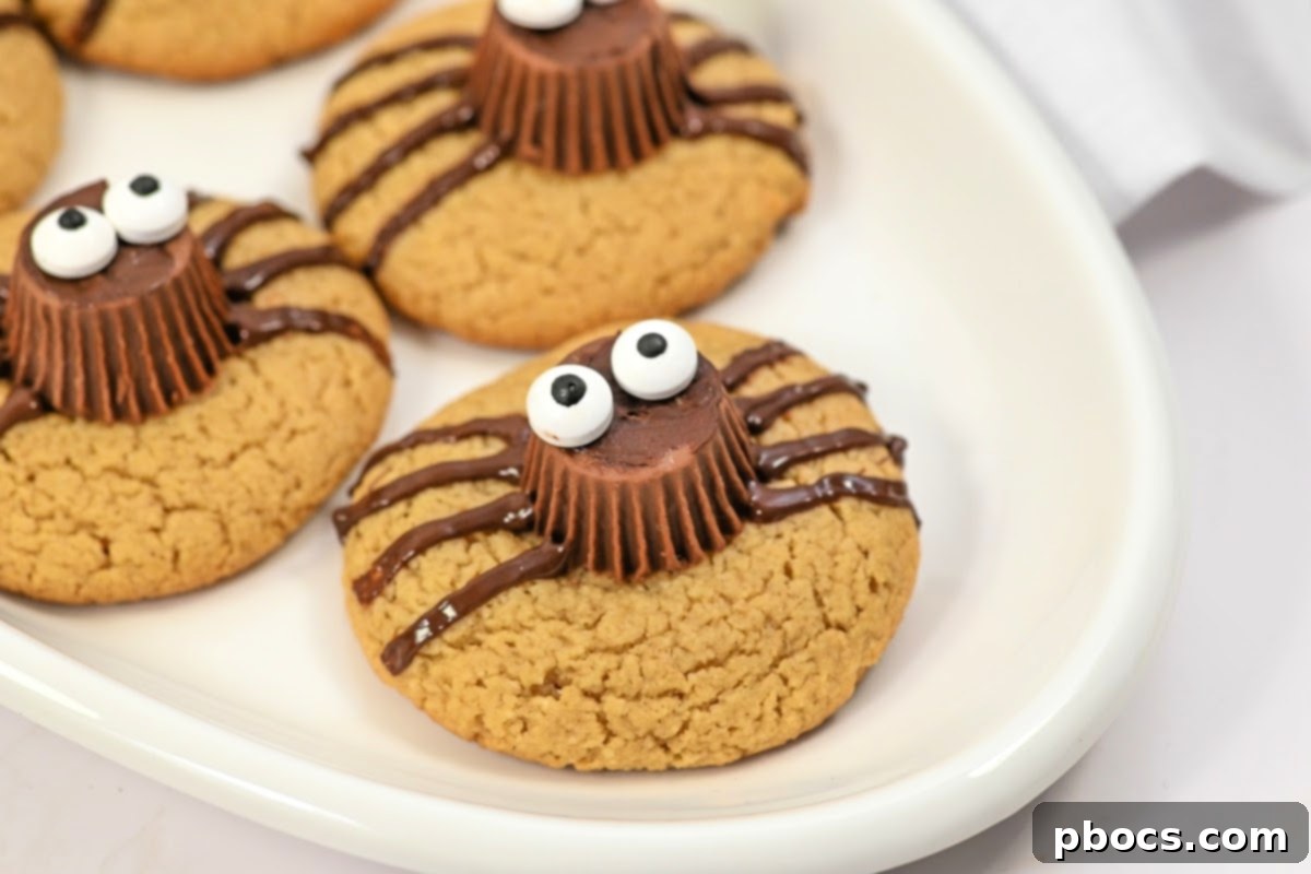 Keto Peanut Butter Spider Cookies with candy eyes