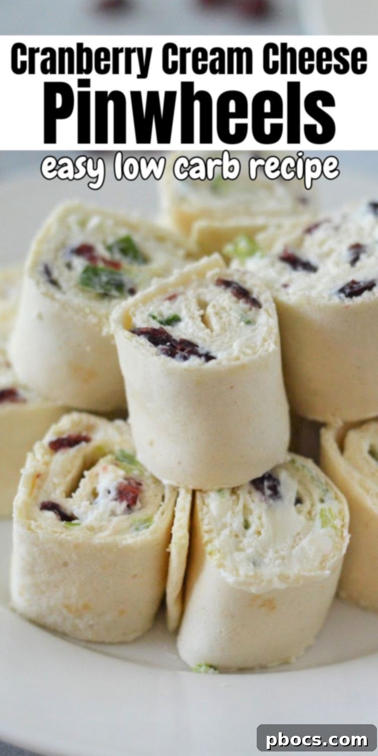 Promotional image for Low-Carb Cranberry Cream Cheese Pinwheels, ideal for Pinterest sharing.