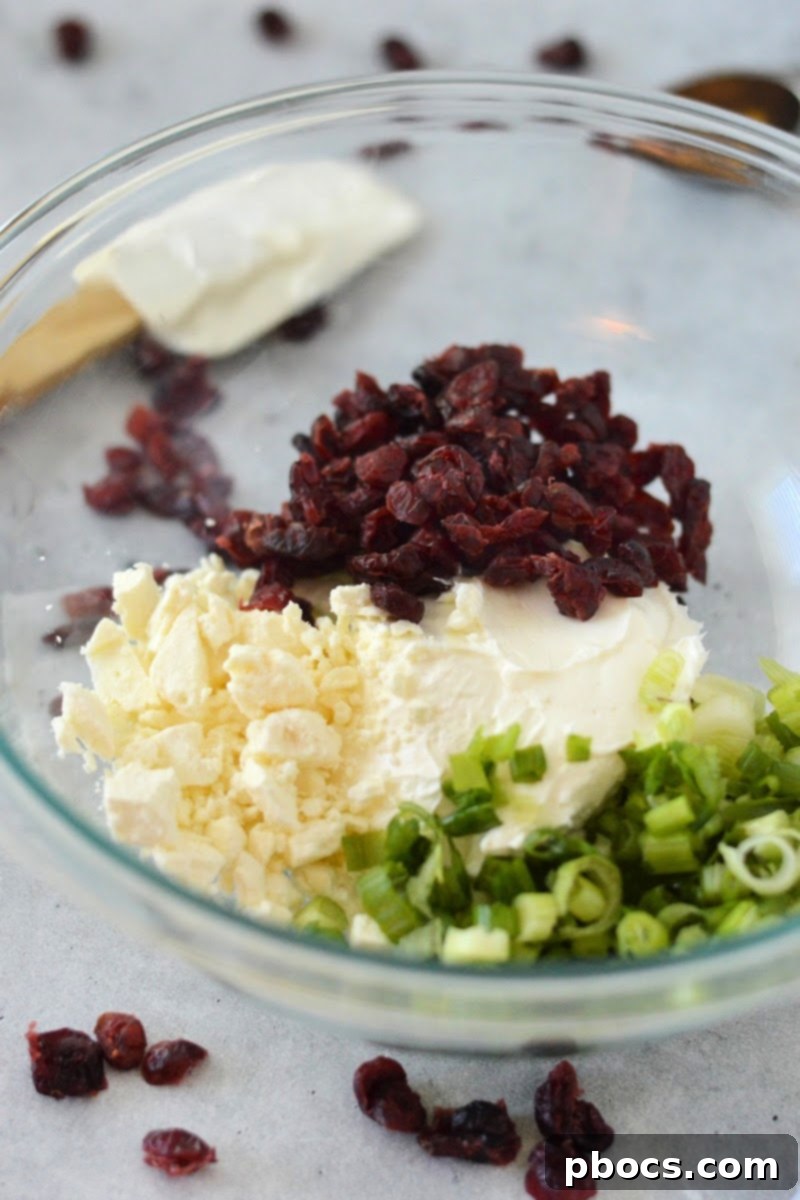 Mixing softened cream cheese, feta, cranberries, and green onions in a large bowl.