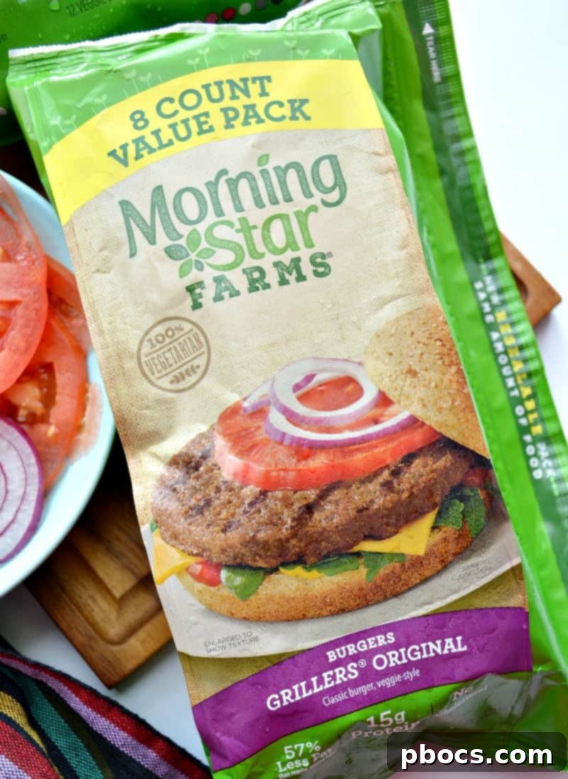 Ingredients for a vegetarian Chimi burger including fresh vegetables and MorningStar Farms patties