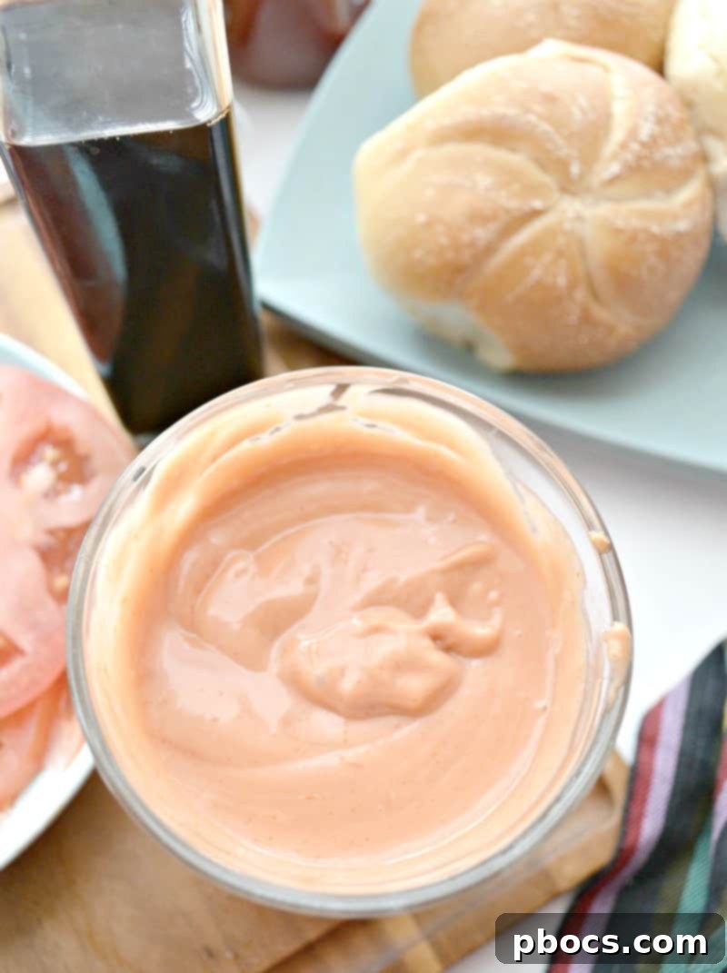 Close-up of the homemade Chimi sauce combining ketchup, mayonnaise, and Worcestershire sauce