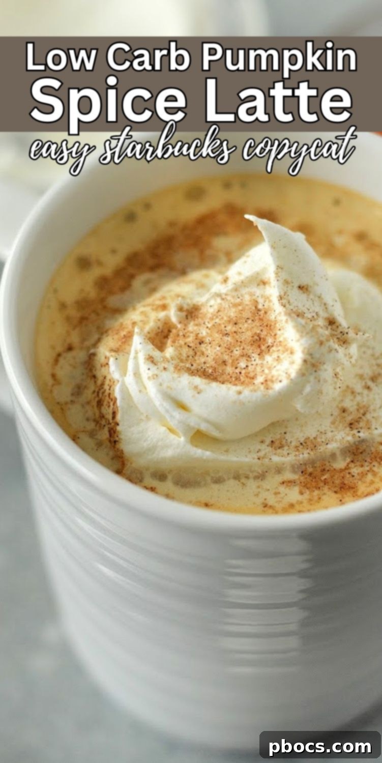 Pin graphic for Low-Carb Pumpkin Spice Latte recipe with hashtags