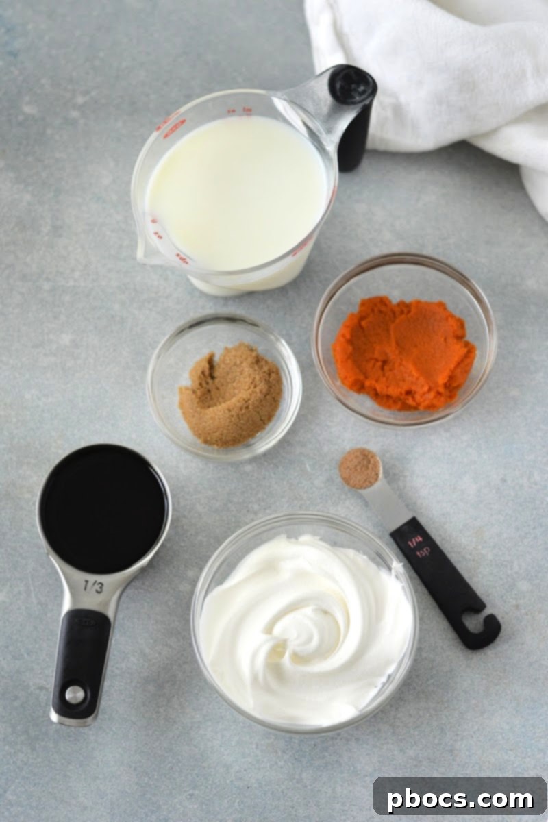 Ingredients for Low-Carb Pumpkin Spice Latte laid out on a table
