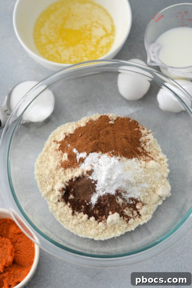 Dry ingredients for low-carb pumpkin poke cake in a bowl