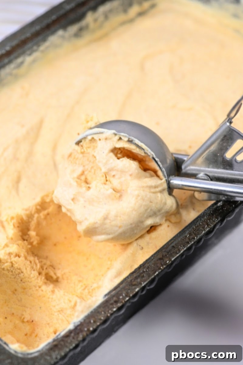 Guilt-Free Pumpkin Spice Ice Cream 7 Keto Pumpkin Ice Cream with a scoop on a counter