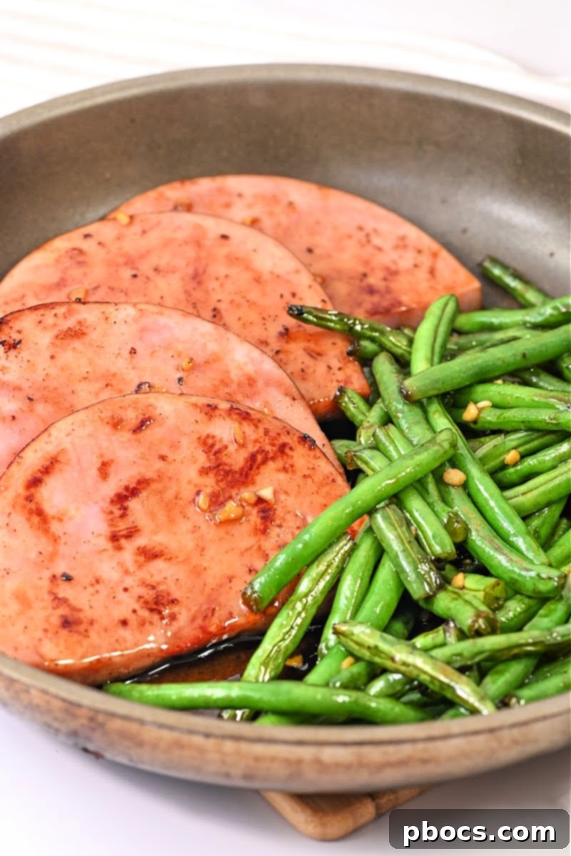 One-Pan Keto Honey-Glazed Ham and Green Beans 12 Keto Honey Glazed Ham and Green Beans Skillet, finished dish