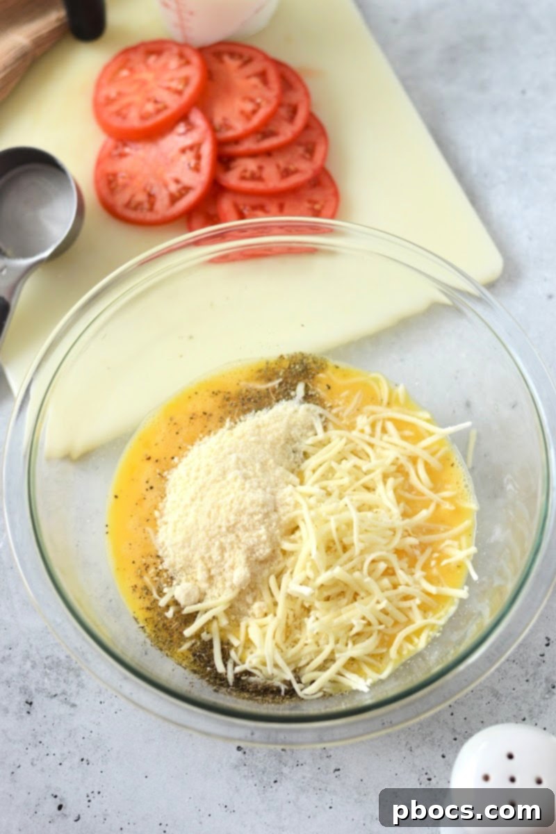 Savory Crustless Low Carb Tomato Quiche 10 Mixing the egg mixture ingredients together