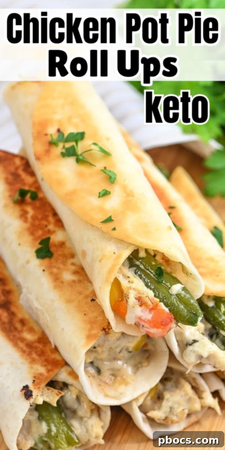 Vertical shot of a plate of low-carb crispy chicken pot pie roll-ups, perfect for Pinterest.