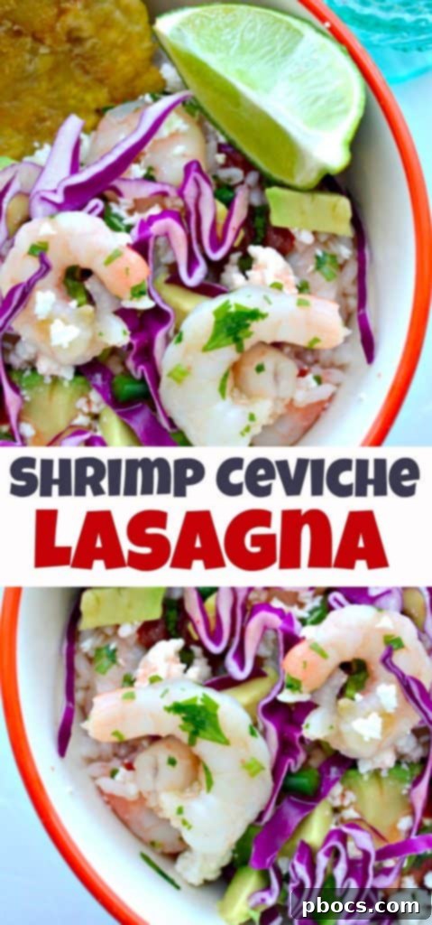 Pin graphic for Shrimp Ceviche Lasagna recipe