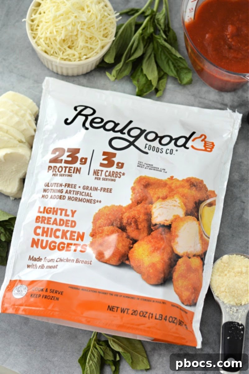 Keto Chicken Parmesan Nugget Bake 8 Ingredients laid out for Keto Chicken Nugget Parmesan Casserole