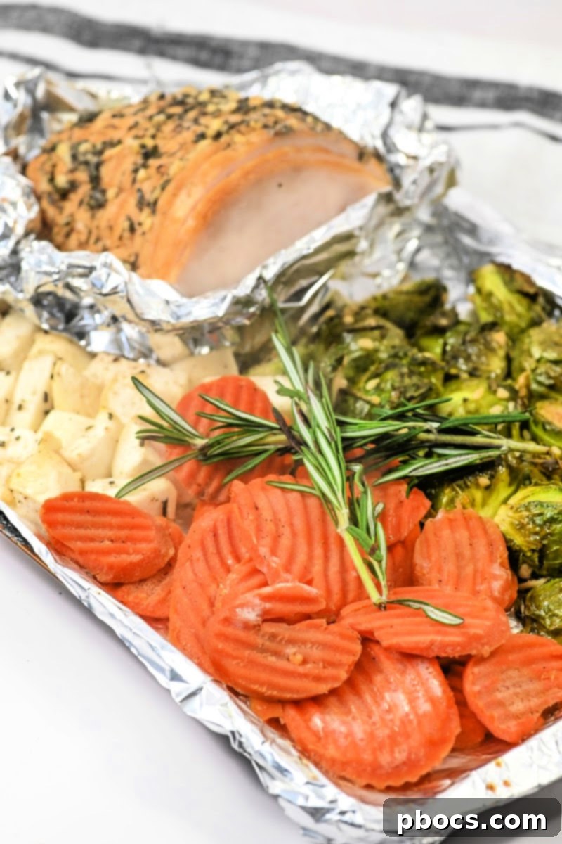 Sheet Pan Low-Carb Thanksgiving Feast 4 Close-up of Low-Carb Thanksgiving Sheet Pan Ingredients: Turkey, Turnips, Carrots, Brussels Sprouts