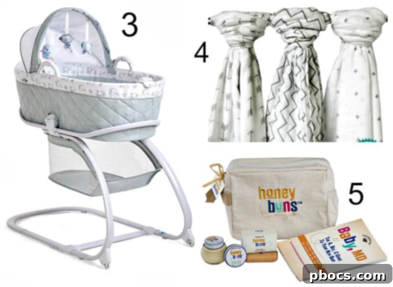 Close-up of a Boppy pillow with a stylish cover and a variety of baby items like bottles and a pacifier.