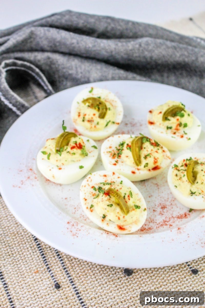 Close-up of freshly made Keto Jalapeno Deviled Eggs