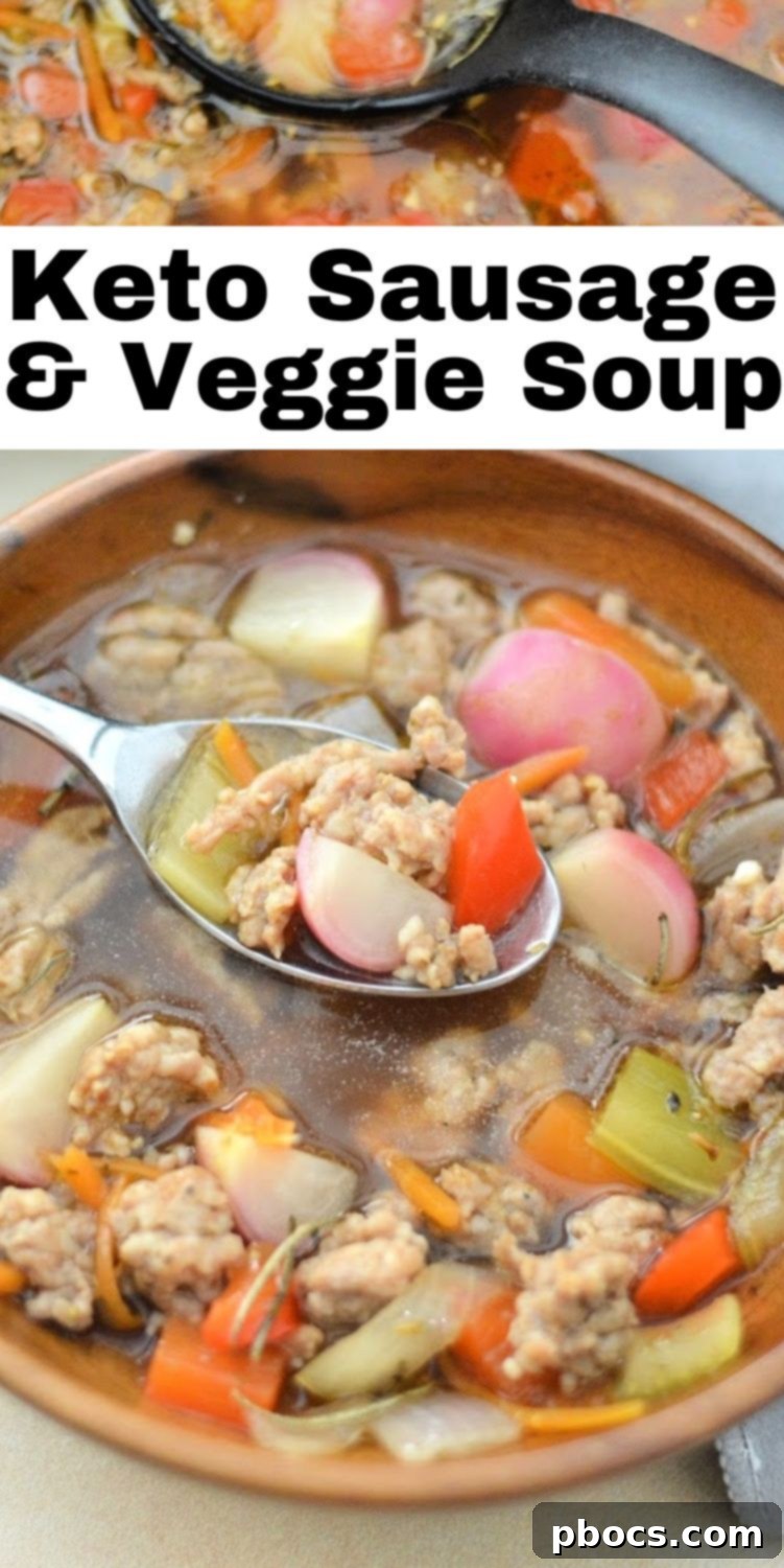 Keto Sausage and Veggie Soup Pin image for Pinterest