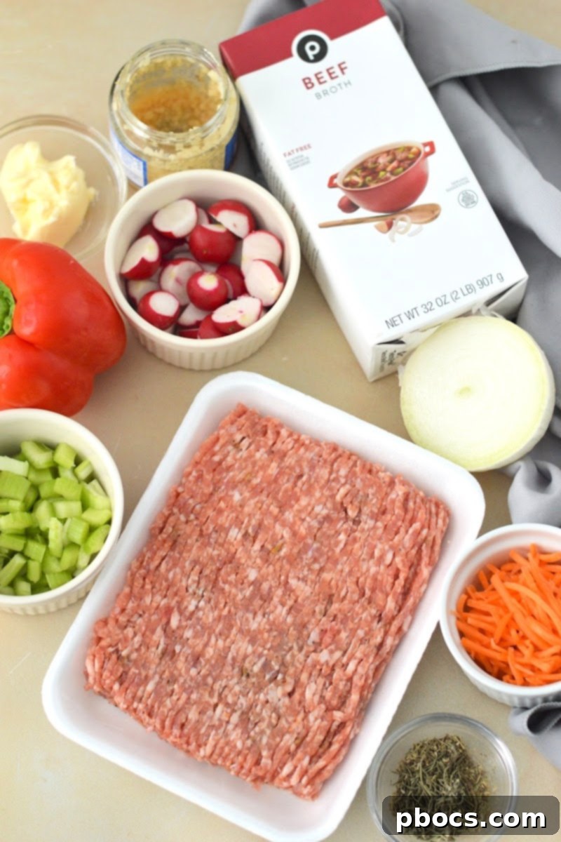 Ingredients for Keto Sausage and Veggie Soup laid out before cooking