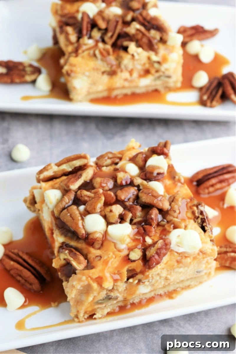 Low-Carb Turtle Pumpkin Cheesecake Bars - Main image showing full dessert