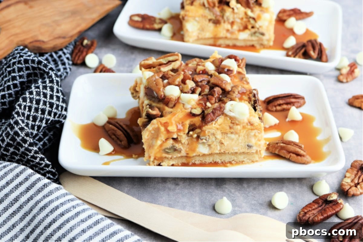 Low-Carb Turtle Pumpkin Cheesecake Bars - Slices on a platter