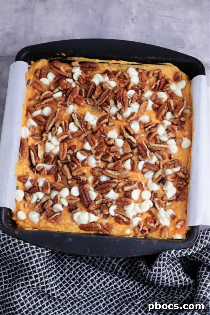 Low-Carb Turtle Pumpkin Cheesecake Bars - Overhead shot with toppings