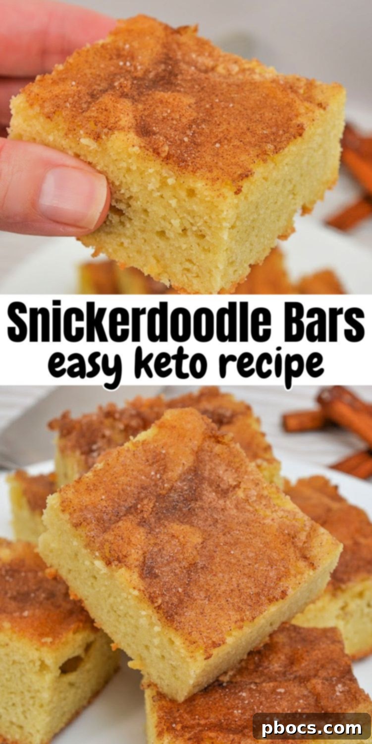 Final image of Keto Snickerdoodle Bars with a 'Pin for later!' call to action.