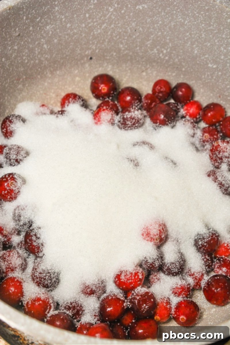 Adding sweetener to cranberries in a pot