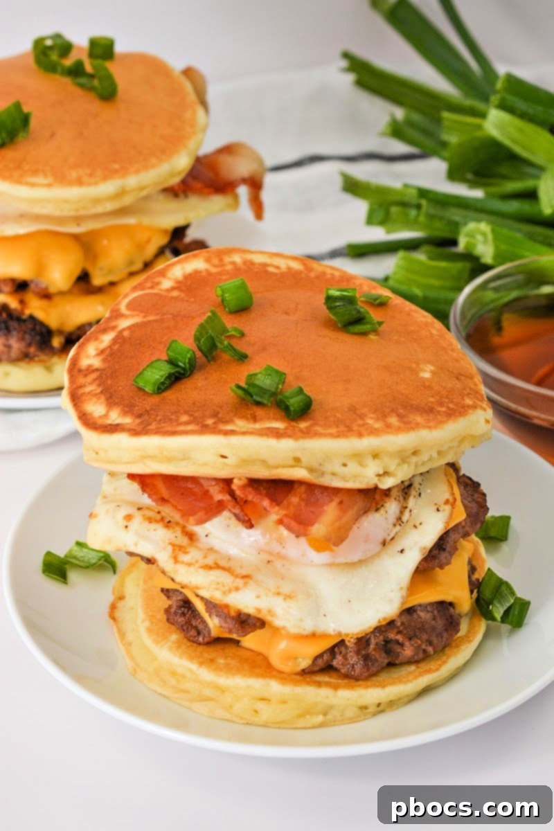 Close-up of a stack of Keto Pancake Breakfast Smashburgers
