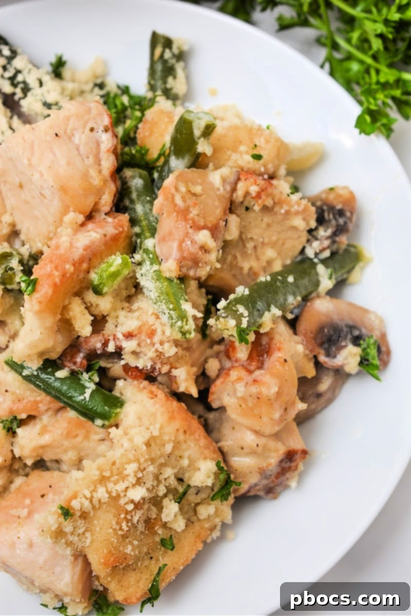 Savory Low Carb Green Bean Stuffing Casserole with Leftover Turkey