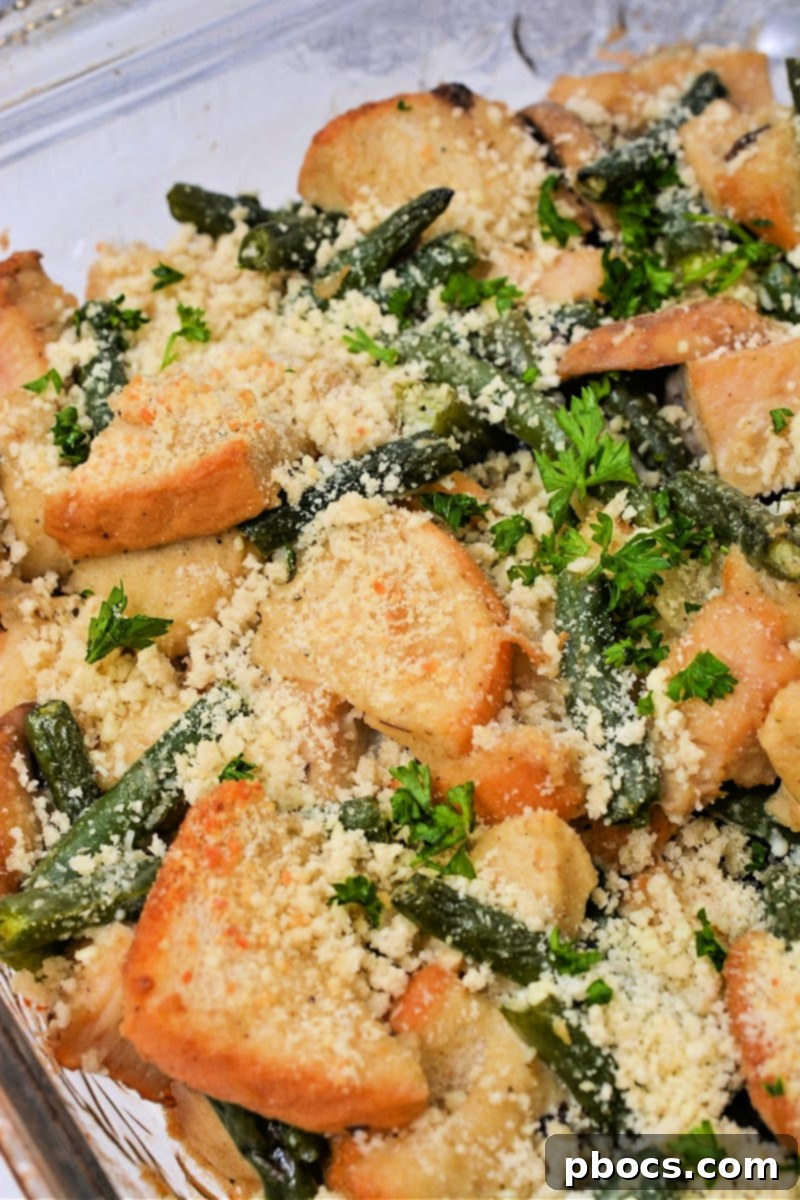 Baked Low Carb Green Bean Stuffing Casserole, golden and bubbly
