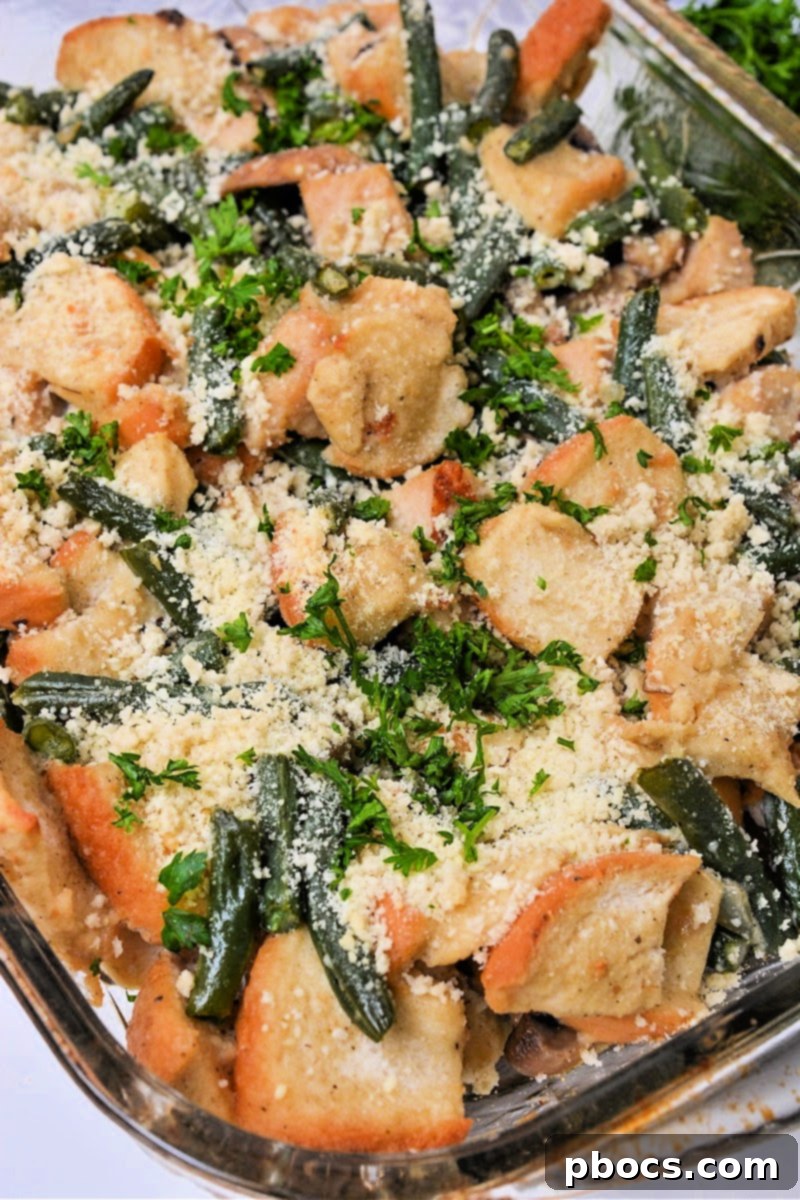 Close-up of baked Low Carb Green Bean Stuffing Casserole