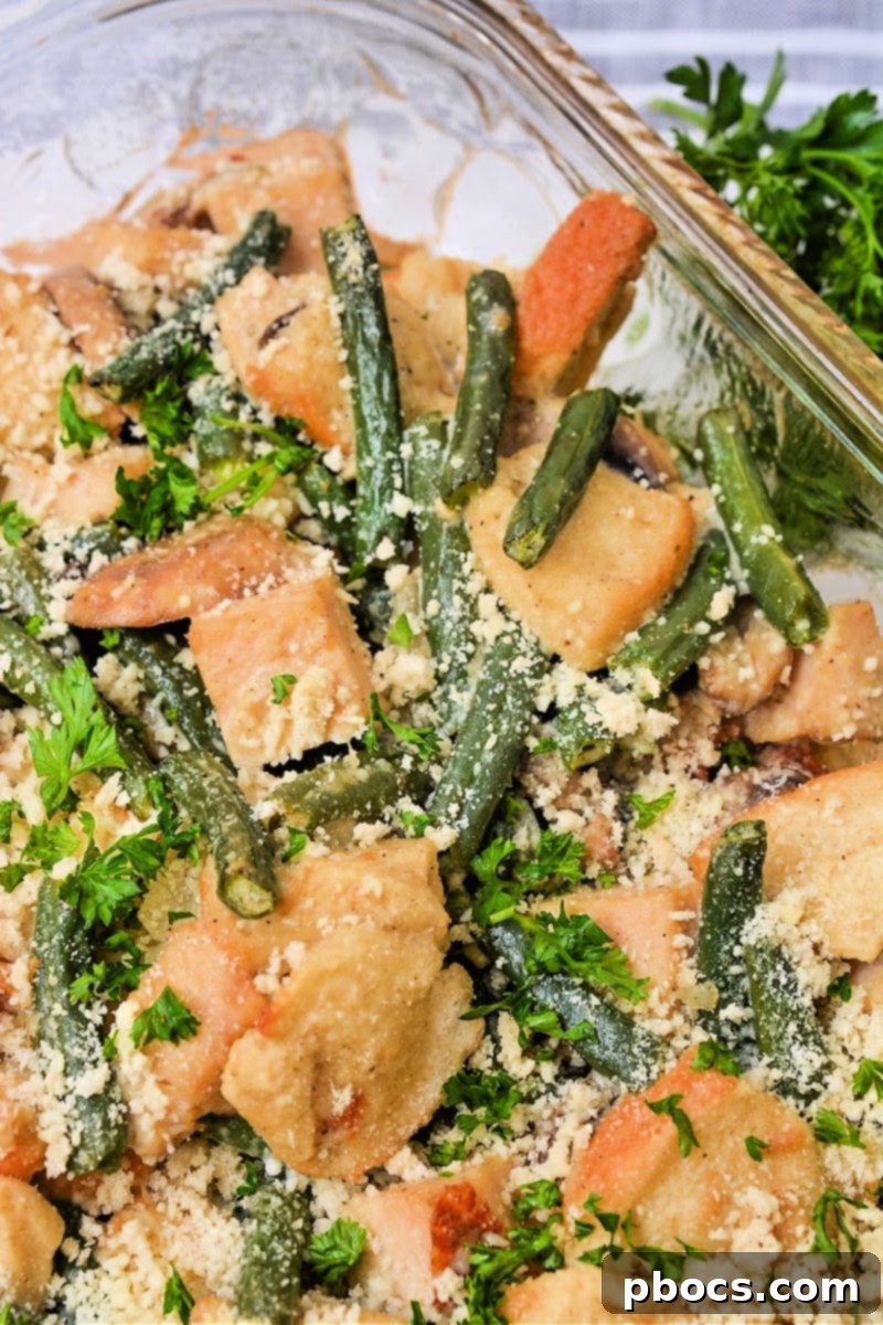 Low Carb Green Bean Stuffing Casserole in a baking dish