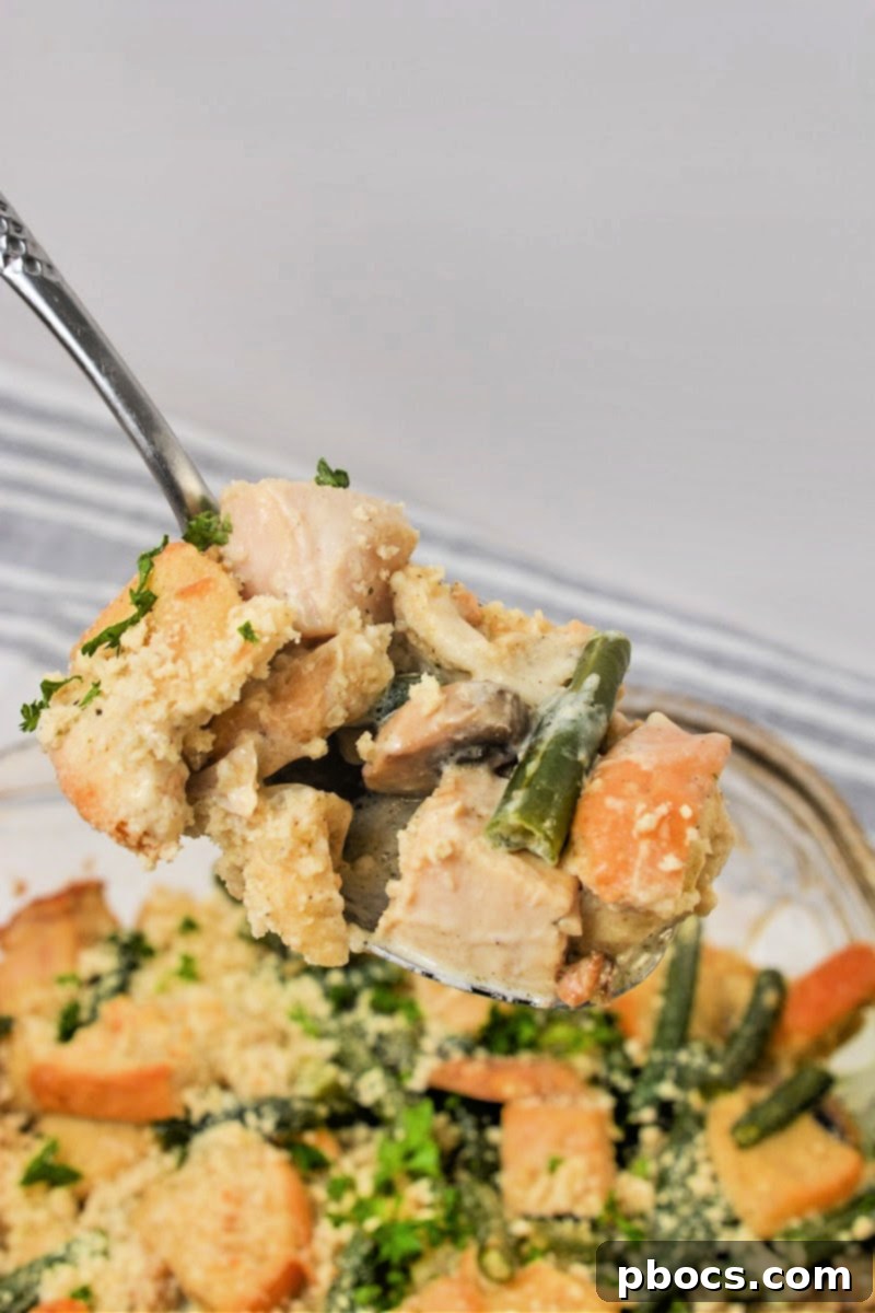 Serving of Low Carb Green Bean Stuffing Casserole with festive sides