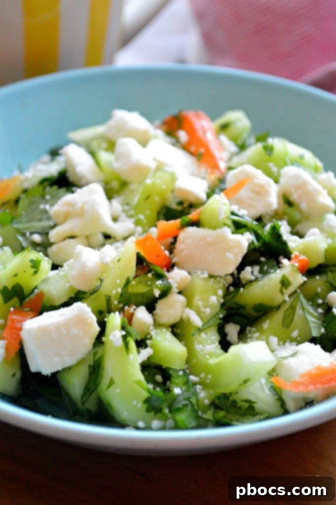 Crisp Cucumber Zesty Feta Jalapeno Kick Salad 6 Another perspective of the delicious cucumber, jalapeño, and feta salad, ready for serving.