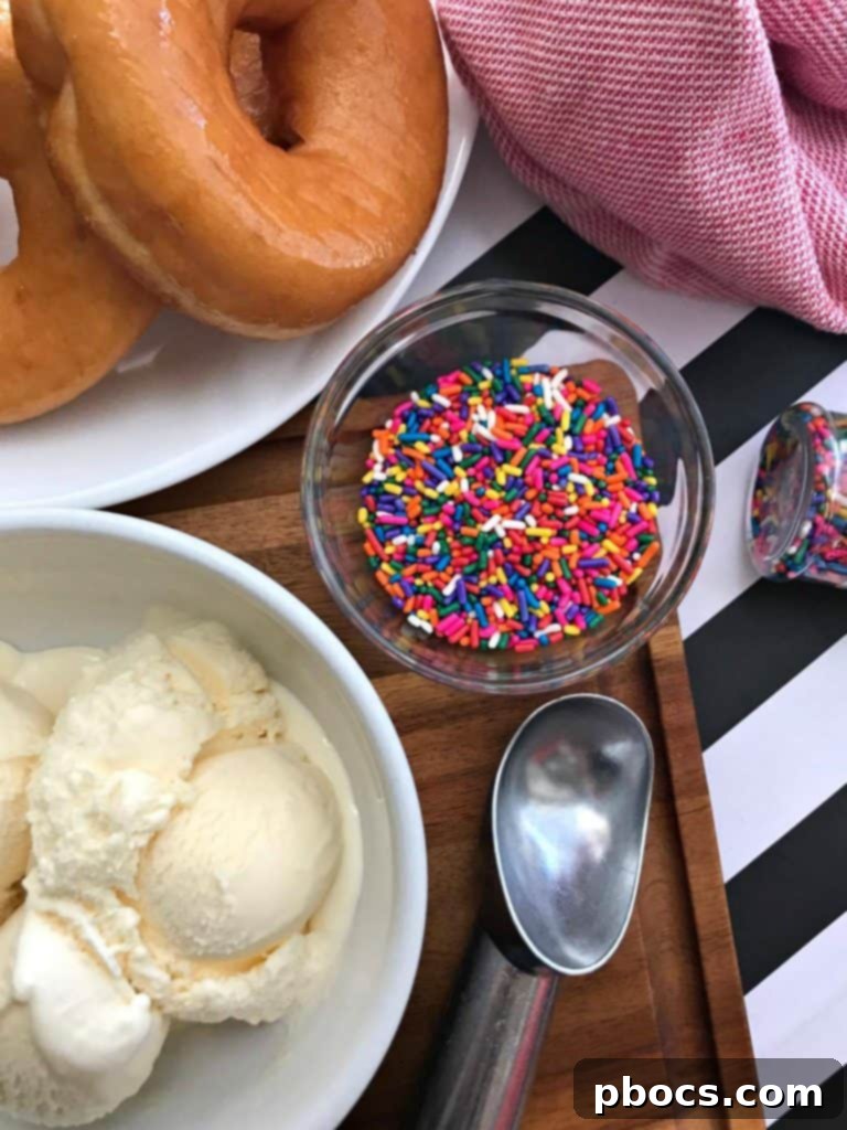 Ingredients for Easy Donut Ice Cream Cake - Donuts, Ice Cream, Sprinkles, Chocolate Syrup