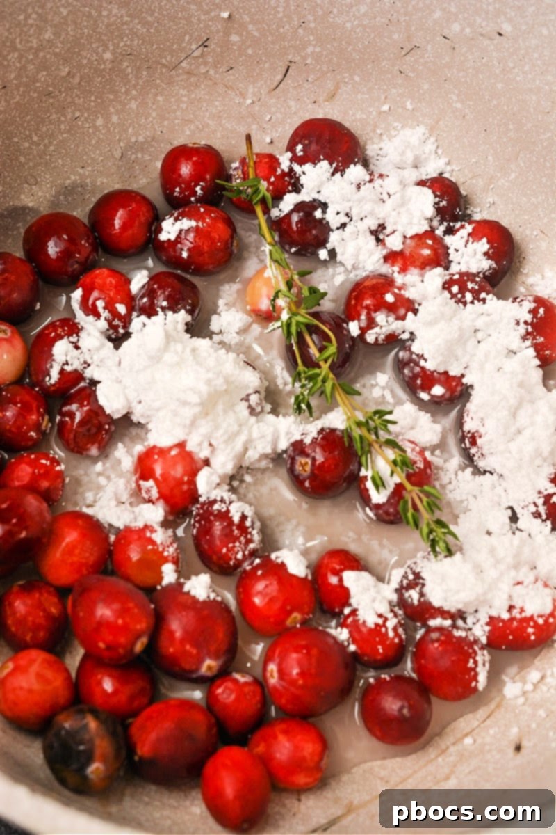 Mixing sweetener with fresh cranberries in a pot