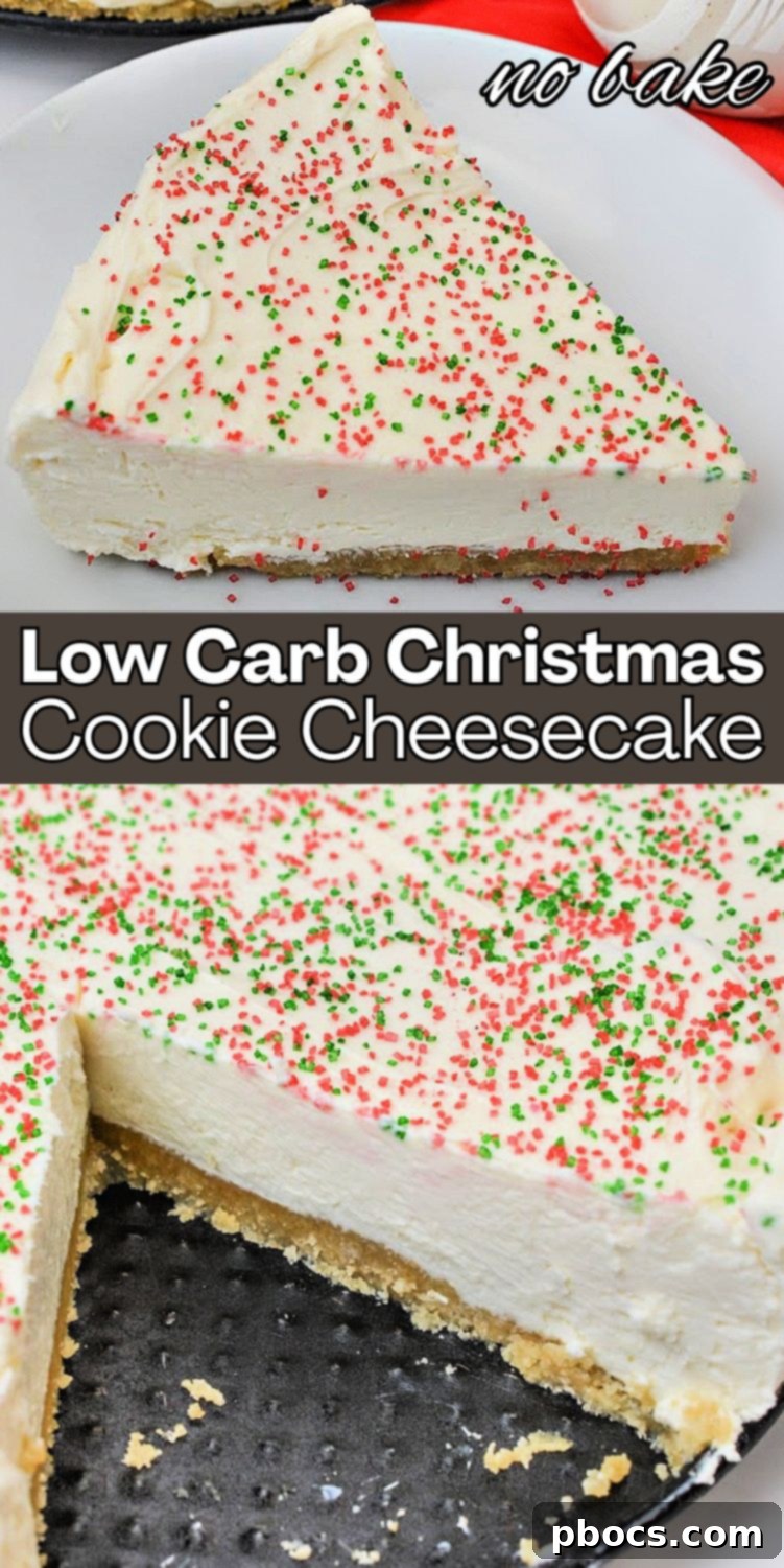 Pinterest graphic for Low Carb Christmas Cookie Cheesecake recipe