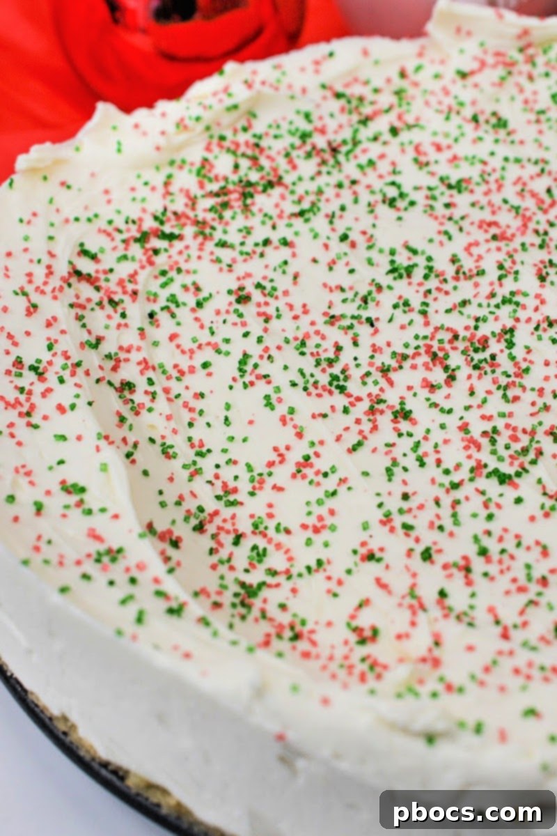 Smooth and creamy Low Carb Christmas Cookie Cheesecake with a delicate swirl