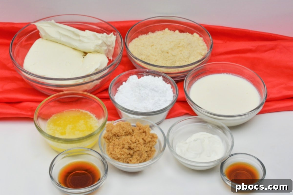 Ingredients for Low Carb Christmas Cookie Cheesecake displayed on a wooden board