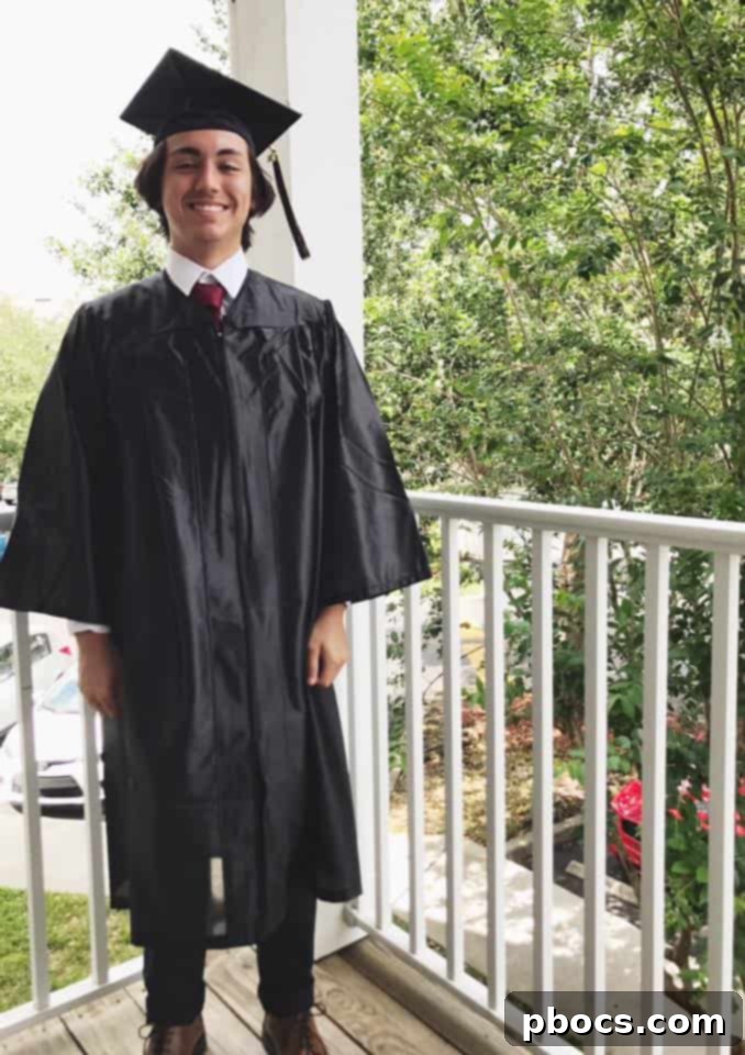 Proud parents celebrating their son's high school graduation.