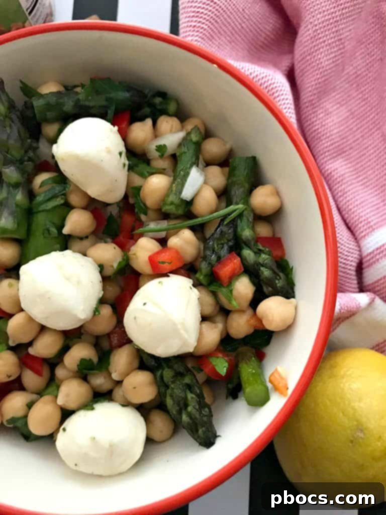 A closer look at the vibrant Chickpeas Asparagus and Mozzarella Cheese Salad.