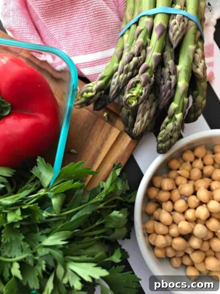Fresh ingredients laid out for the Chickpeas Asparagus and Mozzarella Cheese Salad.