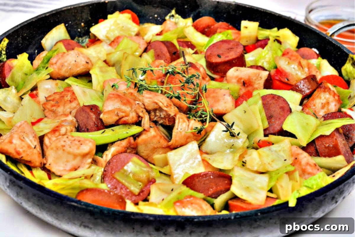 Sticky Honey Garlic Keto Skillet Chicken and Sausage 3 Close-up of Keto Skillet Honey Garlic Sausage and Chicken with bell peppers and cabbage