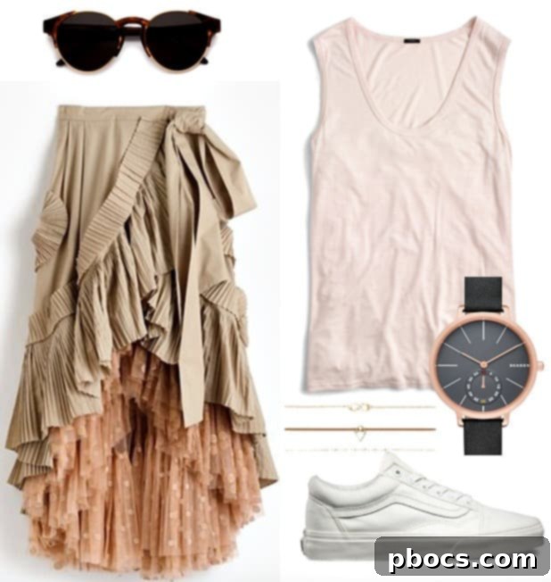 Casual outfit featuring J.Crew ruffle skirt with a blush pink muscle shirt and white Vans sneakers, perfect for daytime comfort.