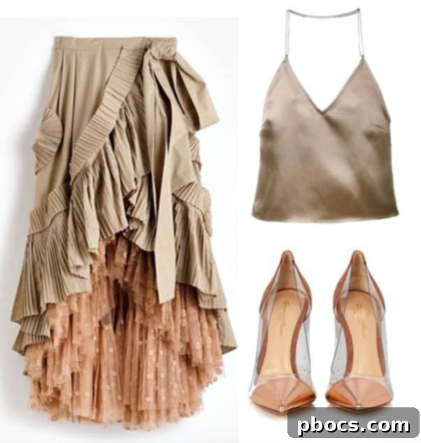 Elegant J.Crew ruffle skirt ensemble with a satin camisole and clear heels, inspired by iconic fashion figures.