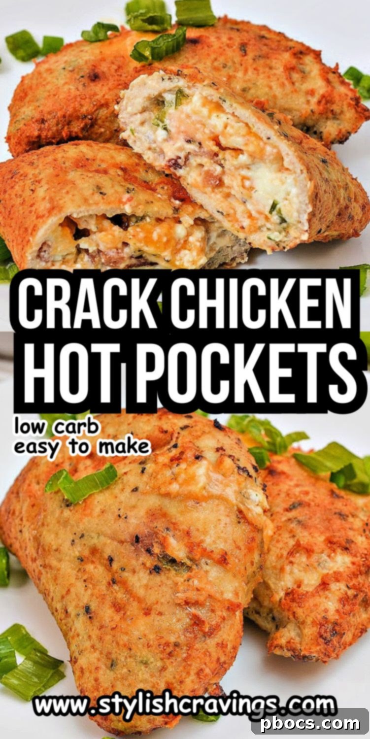 Keto Cheesy Ranch Chicken Pockets 15 Pinterest pin graphic for Keto Crack Chicken Hot Pockets recipe, showing a delicious hot pocket with hashtags