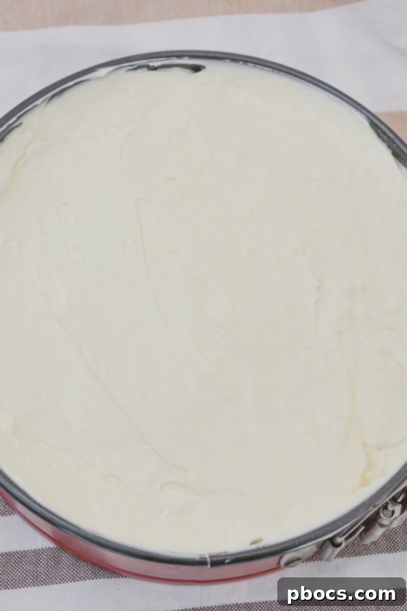 Unbaked cheesecake filling spread over the crust in a springform pan