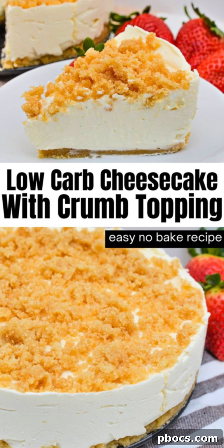 Low-Carb Plain Cheesecake With Crumb Topping - vertical Pinterest graphic