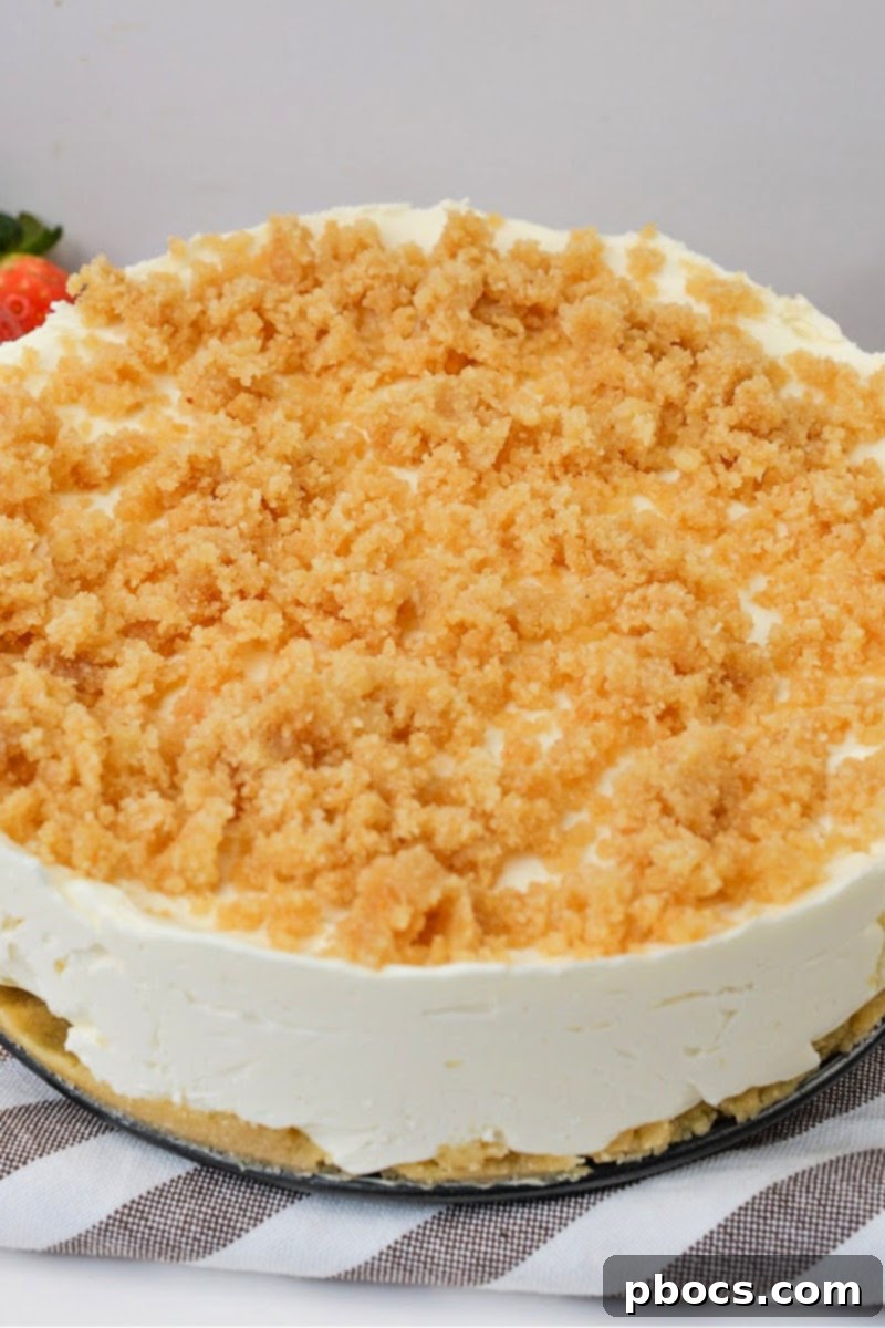 Individual slice of Low-Carb Plain Cheesecake with crumb topping on a plate