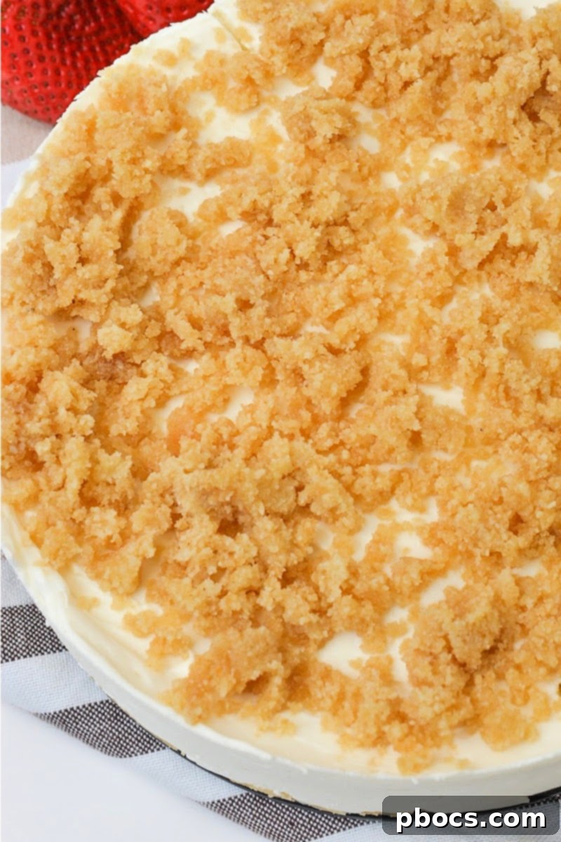 Low-Carb Plain Cheesecake with crumb topping served on a white cake stand