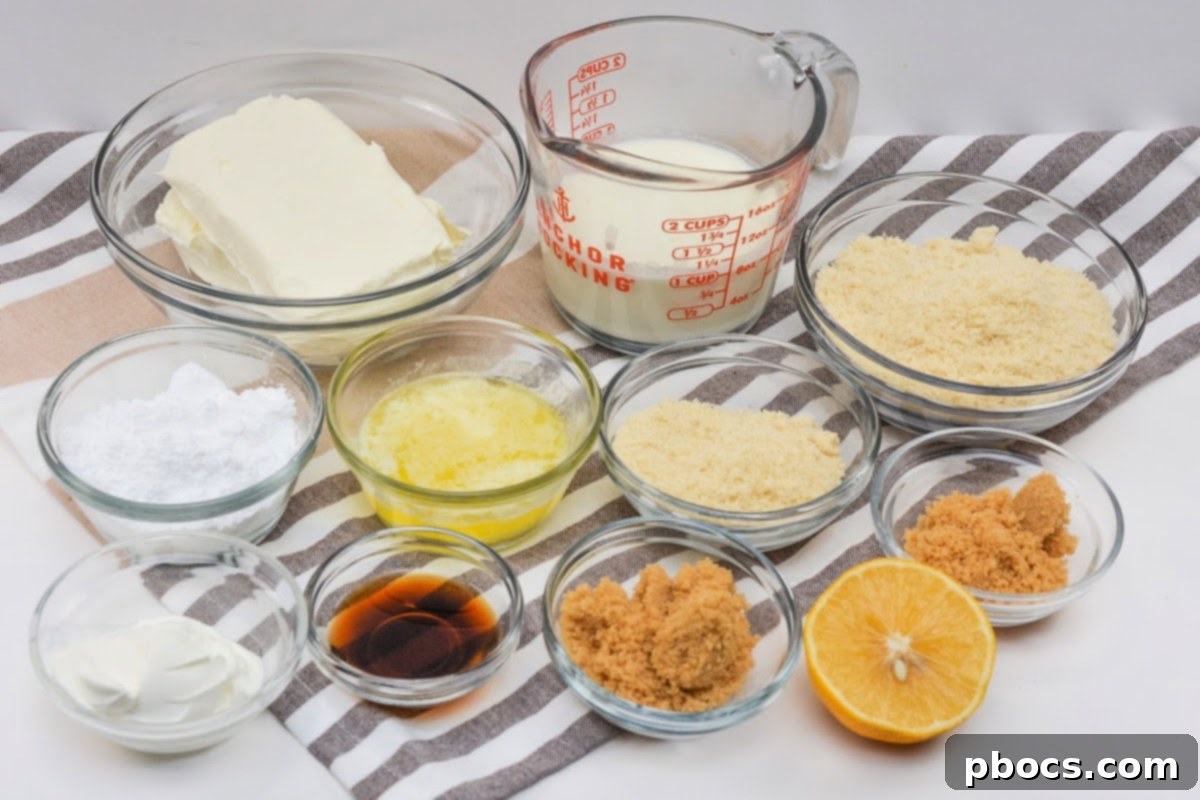 All ingredients for the Low-Carb Plain Cheesecake with Crumb Topping laid out on a kitchen counter